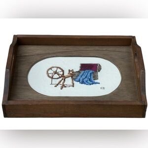 Wood Serving Tray Vintage With Needle Point Cross Stitch 14 in x 10.5 in